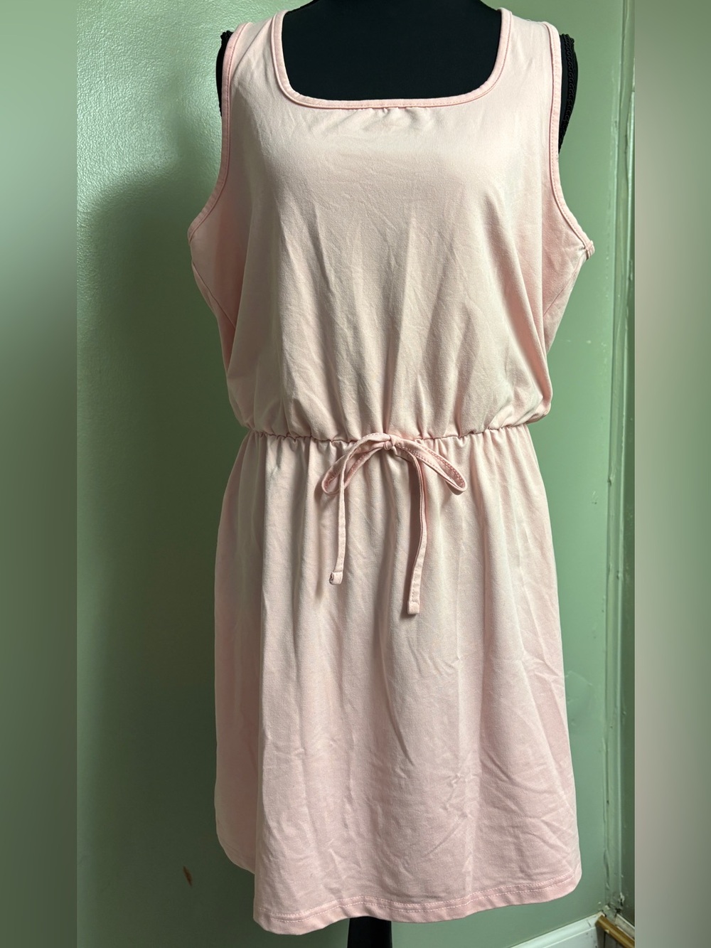 Light Pink Tank Dress Elastic Waistband and Decorative Tie